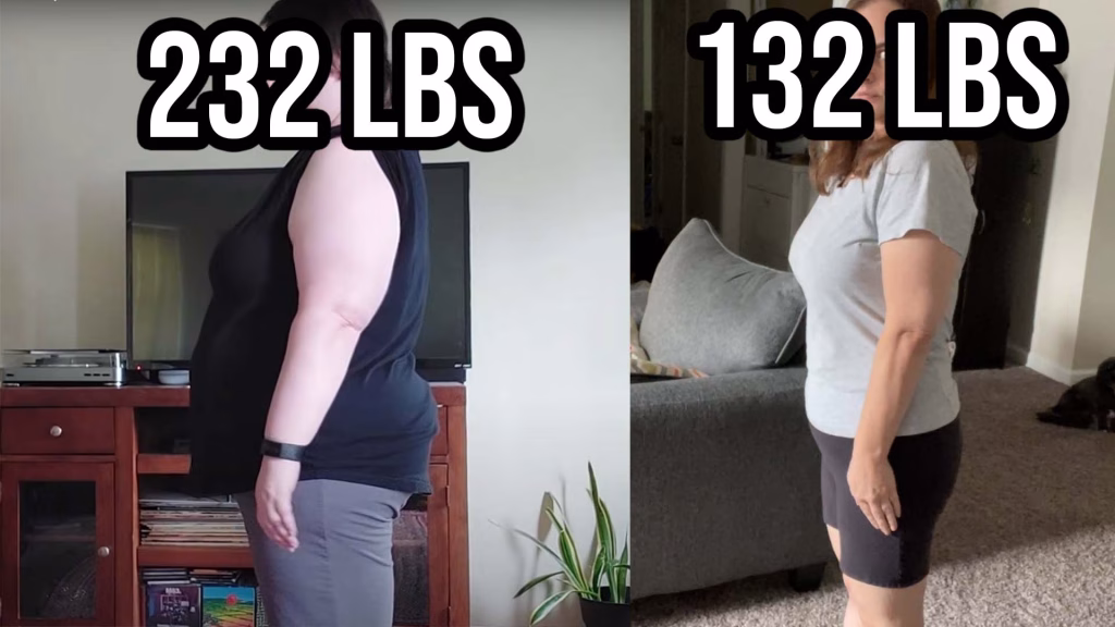 Before and after photo showing my 100-pound weight loss on the carnivore diet while managing PCOS.