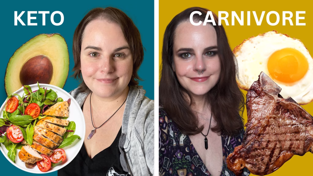Side-by-side comparison of a keto plate with lean meat and veggies versus a carnivore plate with steak, sausage, and eggs. Also, how I looked while eating keto vs eating carnivore.
