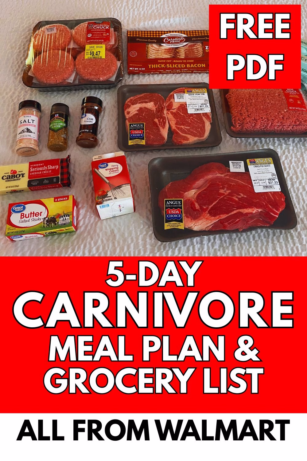 Pinterest graphic titled '5-Day Carnivore Meal Plan & Grocery List' showing budget-friendly carnivore foods from Walmart like bacon, eggs, ribeye, butter, and seasonings